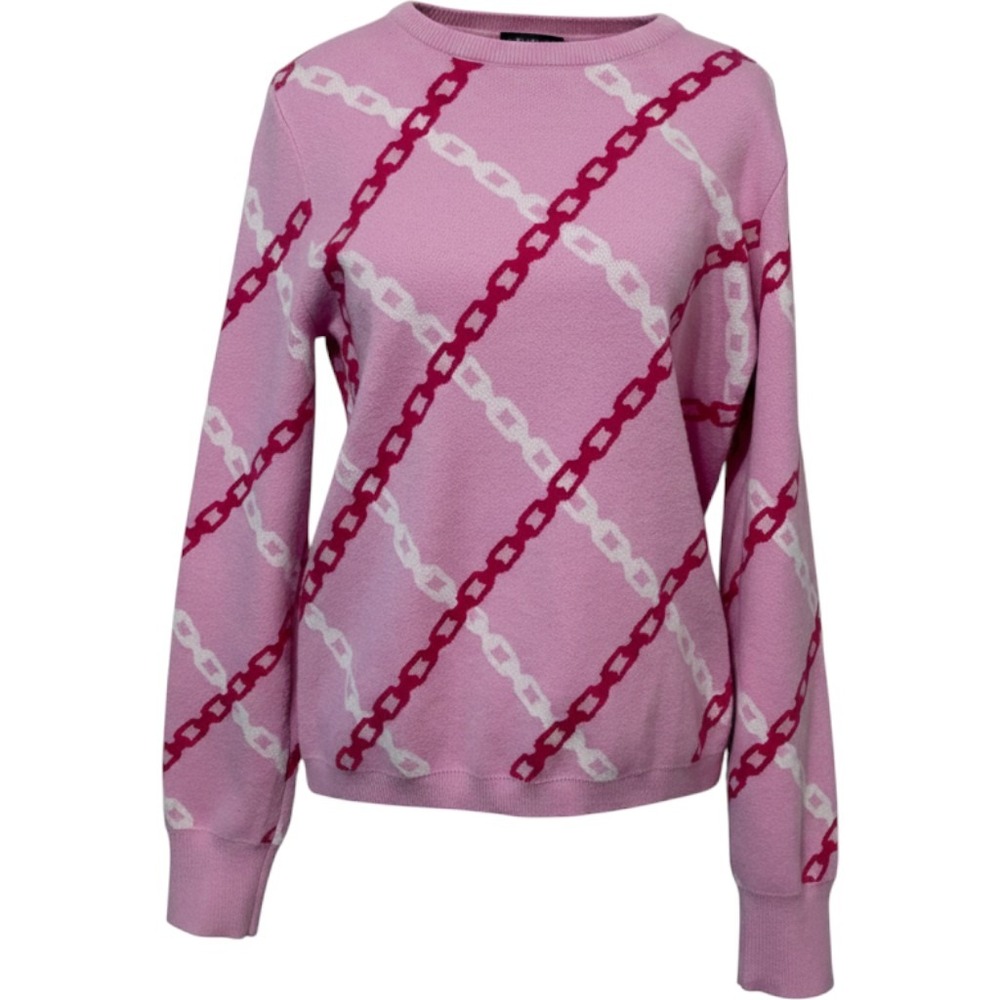THML Women Pink Chain Print Crewneck Knit Sweater Size M Preppy Coquette